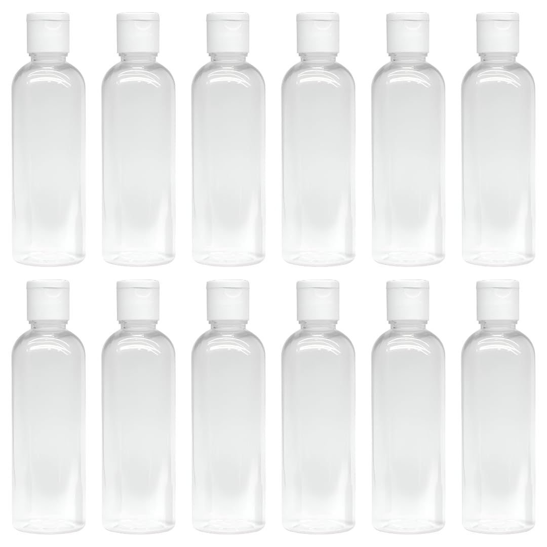MeeTo Empty Clear Refillable Bottles Travel Size, Cosmetic Containers Small Leak Proof Squeeze Bottles with White Flip Top Cap for Toiletries, Shampoo, Sanitizer, Round, 100ml, Pack of 12
