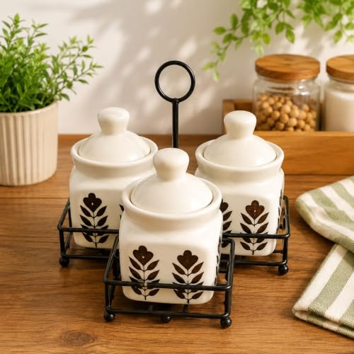 Image of Niyara Multipurpose Storage Ceramic Pickle set Jars with Lid & tray (Set of 4, 300 ml) (DARK FLOWER PRINT SET 3)