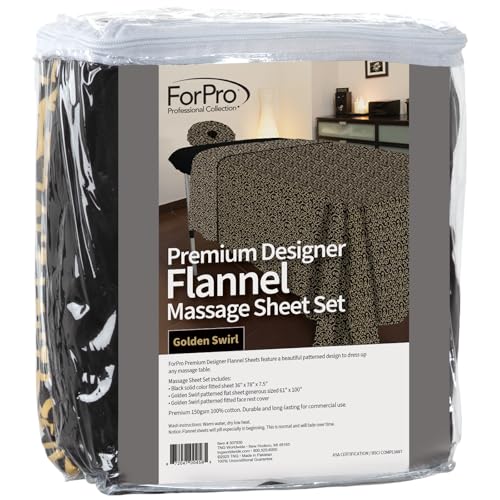 Image of ForPro Premium Designer Flannel 3-Piece Massage Sheet Set, Golden Swirl with Black Fitted Sheet