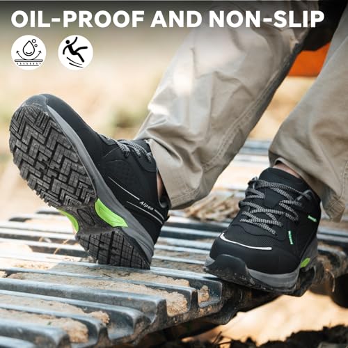 SPIEZ Men’s Safety Work Shoes,Composite Toe, Slip and Oil Resistant,Work Sneakers for Construction,Warehouse Black/Green(US 7.5-12)2