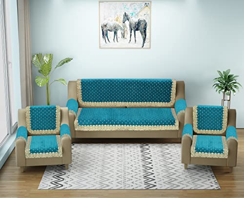 Image of Premium Velvet Sofa Cover Set of 5 Seater -with Arm Covers, 3,1,1 Seater 16 Pieces Sofa Back Slip Panels - Heavy Fabric Sofa Slip Protector with Back Covers, Sky Blue (Pack of 12)