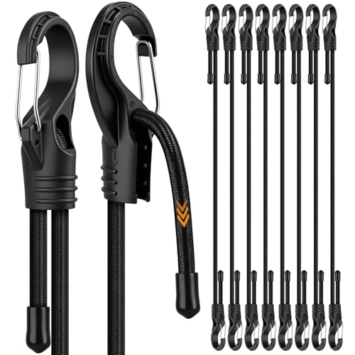 8-Piece 48-inch Adjustable Bungee Cords with Hooks, Heavy Duty Outdoor Carabiner Bungee Straps, Easily Adjust from 7' to 48', Black Super Elastic Cord for Cargo, Camping, Bike Racks, Tents