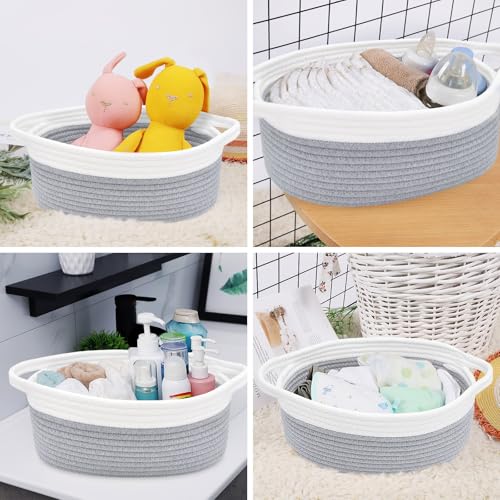 Image of ABenkle Small Basket with Handles, Boho Decorative Rope Woven Dog Cat Toy Storage Bin Shelf Storage Organizer, Easter Christmas Gift Basket, 12 inchx8 inchx5 inch, Grey