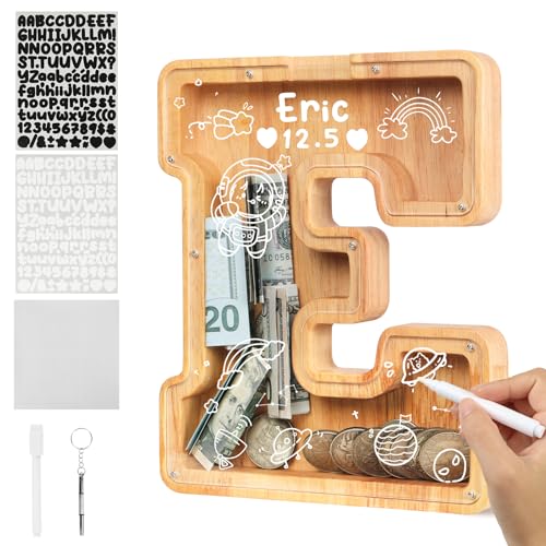 flintronic Spardose Kinder, Spardose Personalisiert aus Holz, Retro Sparbüchse Aufbewahrungsbox, Geldgeschenk Kinder, Taufgeschenke für Junge/Mädchen, Einschulung (E)