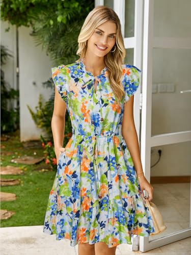 Image of Simplee Womens Summer Dress 2026 Ruffle Short Sleeve Floral Boho Dress V Neck A-line Drawstring Mini Dress with Pockets