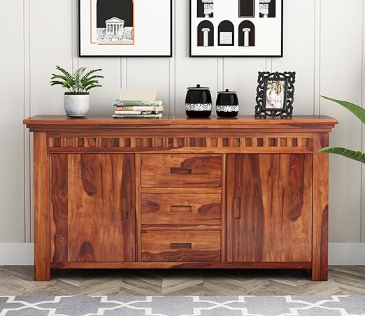 Image of SHIKHA WOOD CRAFT Sheesham Wood Sideboard Storage Cabinet with 3 Drawer and 2 Door Storage for Living Room Home Office Kitchen (Natural Honey Finish)