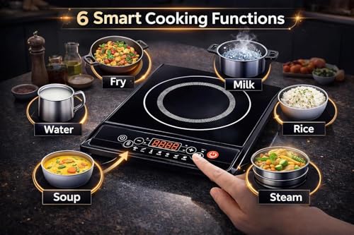 Image of 1600W 2.0 Induction Cooktop with 4-Digit LED Display | Double Ring Coil Heating | Microcrystalline Glass Top | 240 Min Timer | 6 Cooking Modes | 7 Power Levels | Auto Cut-Off Safety | 1 Year Warranty