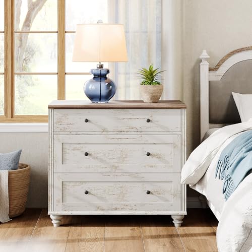 Image of WAMPAT Baby Dresser for Bedroom with 3 Drawers, Kids Dressers with Wide Chest of Drawers, Farmhouse Wooden Closet Storage Organizer, Small Dressers for Living Room, Nursery, Hallway, Rustic White