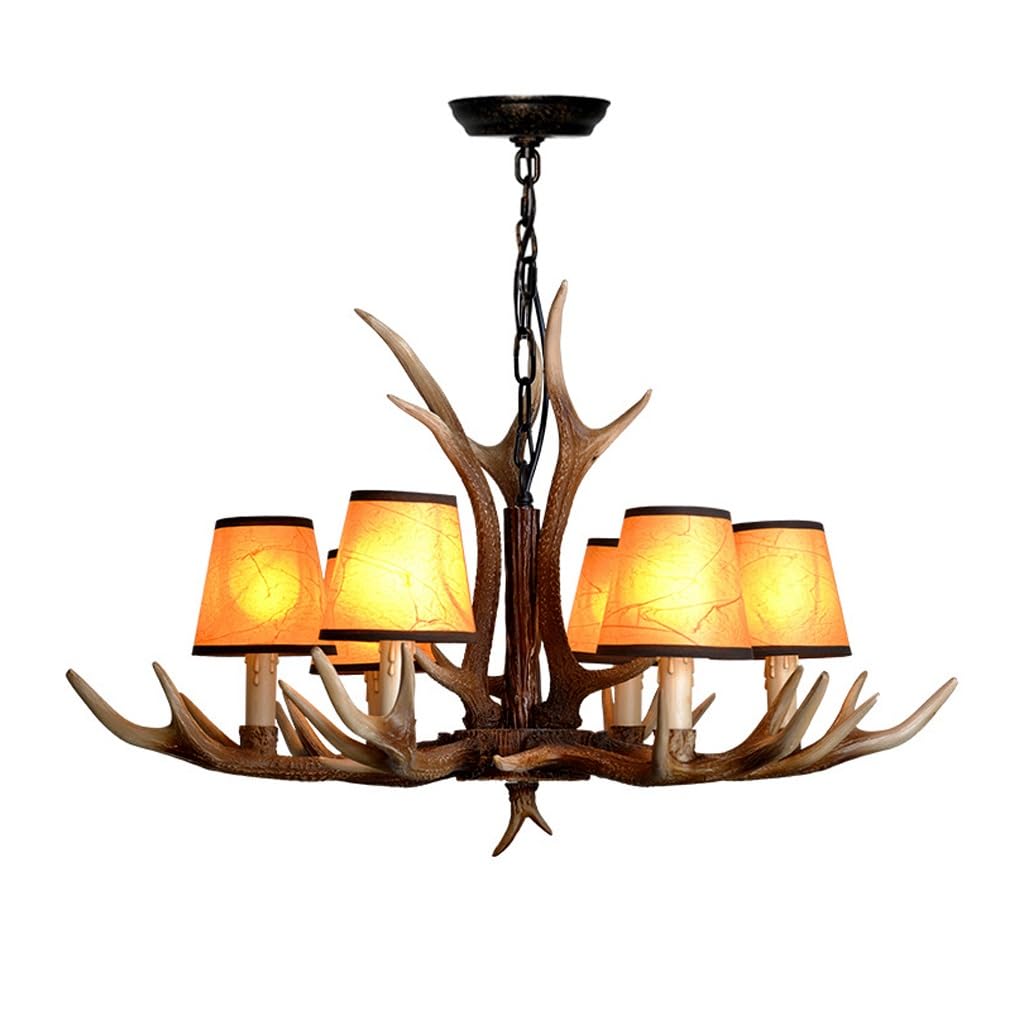 SXECAEPS Pendant Light Antlers E14 Retro Resin Antler Chandelier 220V Vintage Fabric Lampshade Deer Horn Fixture Adjustable for Dining Room Hallway Bedroom Decor 6