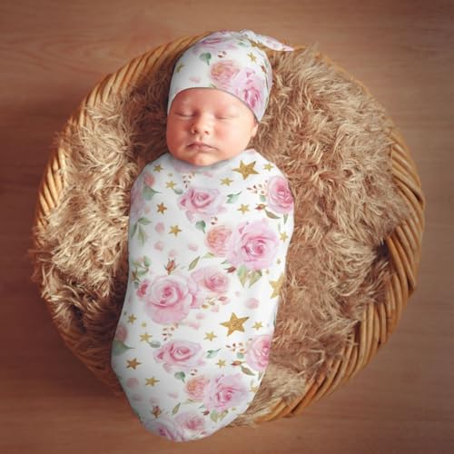 Image of Pink Floral and Gold Stars Swaddle Blanket with Beanie Hat Set Newborn Swaddle Wrap Soft Baby Receiving Blankets Baby Swaddle Blanket for Baby Boys and Girls