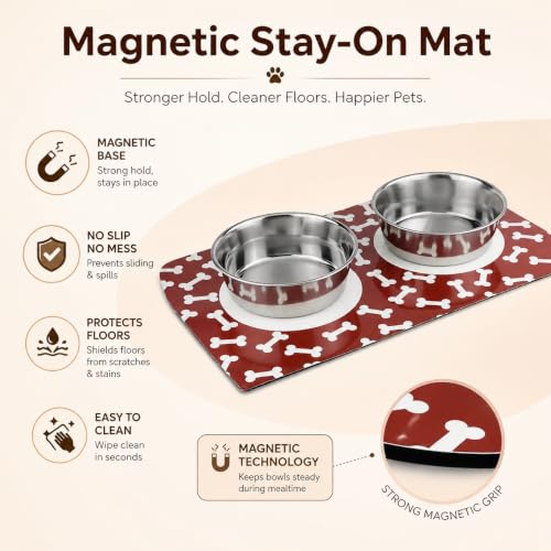 Image of Stay On Mat Stainless Steel Pet Bowl Combo with Magnetic Base | Double Feeding Bowl Combo for Providing Food and Water to Beloved Dog, Puppies & Cats (Stay on Mat, 940ml)