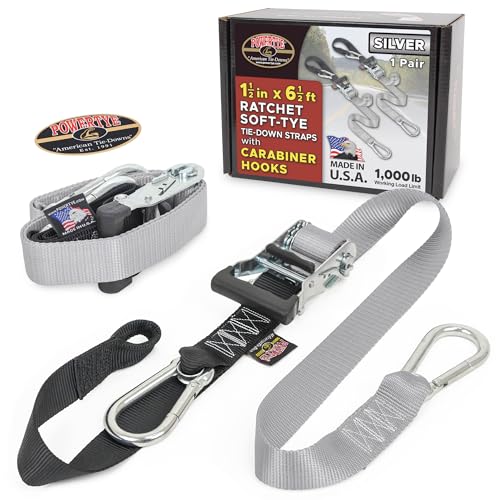 Image of PowerTye 1.5 inch x 6.5ft Heavy Duty Ratchet Tie Down Straps with Carabiner Hooks & Sewn-in Soft-Tye, for Motorcycle, ATV, Trailer & Cargo - 1,000 lb WLL - Made in USA - Silver /Black Pair