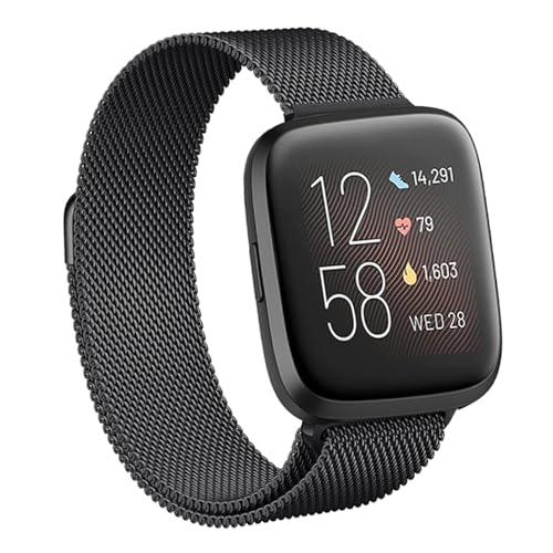 SOLOLUP Bracelets en Métal pour Fitbit Versa 2/Versa 1 Bracelet，Bracelet en Acier Inoxydable Bande de Remplacement en Métal Magnétique pour Fitbit Versa 1/Versa 2 Bracelet Milanais Femme Homme,Noir,L