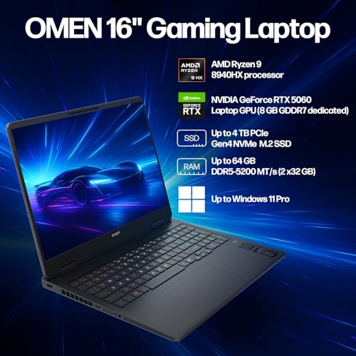 Image of HP Omen 16 2K 144Hz Gaming Laptop, 16-Core AMD Ryzen 9 8940HX(Beat Intel i9-14900HX), 16GB DDR5 RAM 512GB SSD, NVIDIA GeForce RTX 5060, Backlit, Wi-Fi 6E, Win 11 Pro,Bundle with Accessory