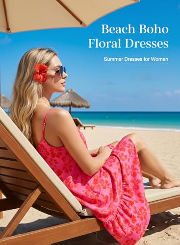 Image of Dokotoo Summer Dresses for Women 2026 Spaghetti Strap Sexy Deep V Neck Smocked Ruffle Flowy Boho Dresses