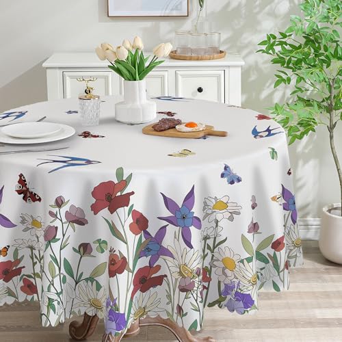 Spring Round Tablecloth 70 inches - Floral Spring Decorations for Home - Farmhouse Table Cloth Spring Decor for Home, Party 70 inch - round Wild Flowe