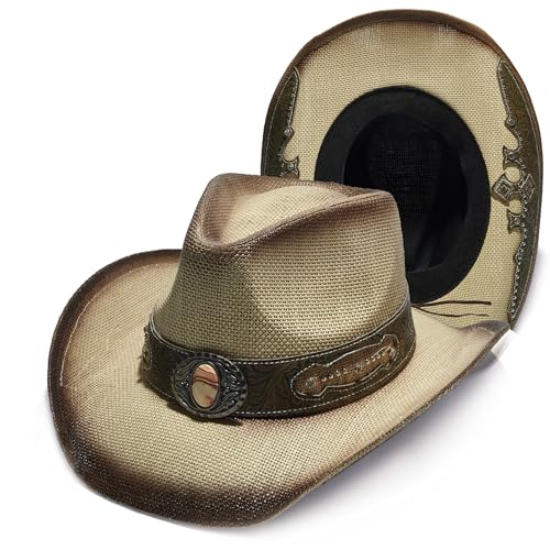 Image of YOUBADU Western Straw Cowboy and Cowgirl Hats with Decorative Bands - Unisex Wide Brim Raffia Style Sun Hat