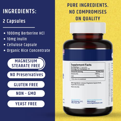 Ageimmune Berberine Hcl 1000Mg Supplement Complex With Inulin For Best Absorption. Each Capsule Has 500Mg Of Berberine. Magnesium Stearate Free Herbal Supplements. (120 Capsules) #TOP2