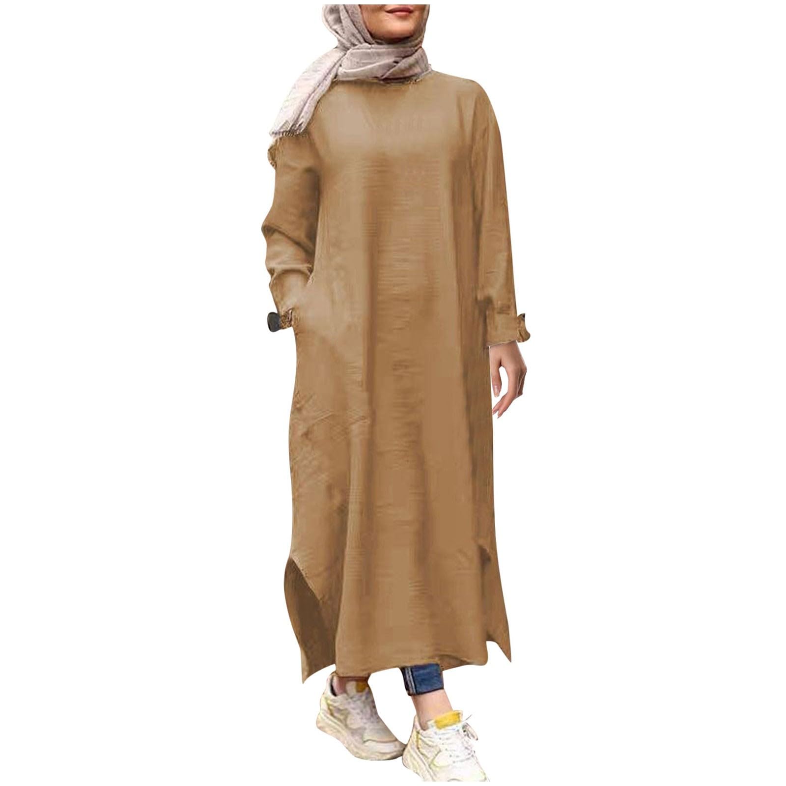 Muslim Dress for Women Multi-Pocket Button Down Shirt Style Long Sleeve Maxi Dress Casual Loose Fit Dubai Outfits Caftan Robe Modest Wear
