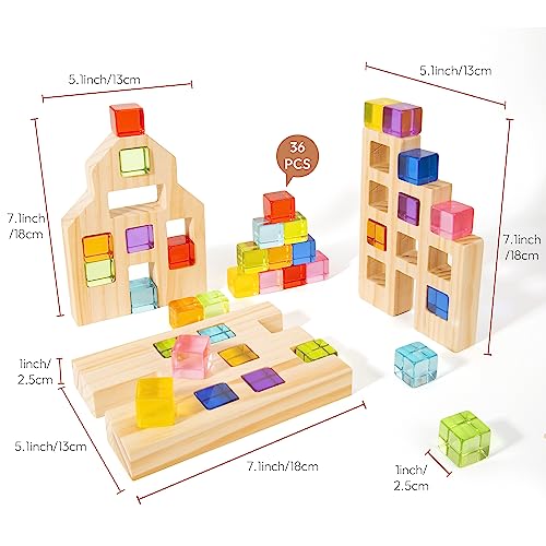Image of Woodtoe 36 PCS Rainbow Acrylic Gem Blocks, Wooden Blocks for Kids Ages 3-6