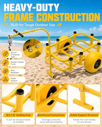 Image of PYY Beach Fishing Cart - 550LB Load Capacity Fishing Cart with Reinforced Frame, 13 inch Big Wheels PU Balloon Tires for Sand, Fishing Wagon with 7 Rod Holders, Foldable Bucket for Beach, Lake (Yellow)