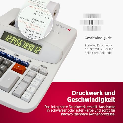 OLYMPIA CPD 512 Tischrechner mit mechanischem Druckwerk | Taschenrechner Große Tasten 12-stellig | Rechenmaschine mit Papierrolle 3,5 Zeilen/Sek. | Calculator LCD grün/rot | Rechenmaschine | Rechner