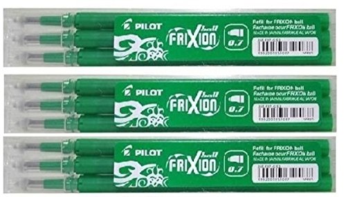 Boligrafos Borrable Pilot Verde Frixion Punta redonda Borrable Plumas Pluma Recambios Recambio BLS-FR7 (3 Paquetes de 3)