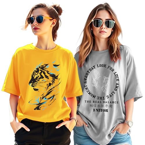 AUSK Oversized T-Shirt for Womens || Graphic Front Printed Loose fit Womens Tshirt (Pack of 2)