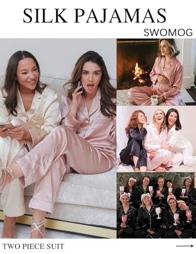 Image of SWOMOG Long Sleeve Pajamas Set Silk Satin Sleepwear Button Down Pjs Loungewear with Pocket