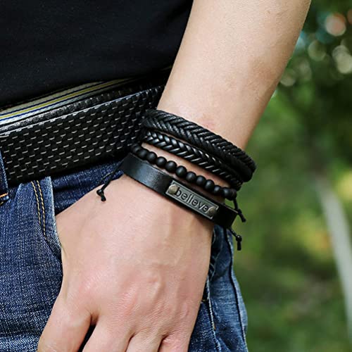 Fldc 8Pcs Braided Leather Wrap Bracelet For Men Women Cuff Bracelet Set Wood Bead Hemp Cord Woven Bracelet Wooden Beaded Multi Layer Wrist Bracelets Wristbands Adjustable Black Brown A, 10 Inches #TOP4