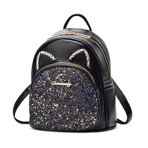 FOLOVEYA Zaino Donna Moda Zainetto Impermeabile Antifurto Daypack Multipocket Grande Capacità Borsa a Mano Spalla Carino Gatto Zaini per Scuola Viaggio Lavoro Shopping Vacanza in Pelle PU Nero