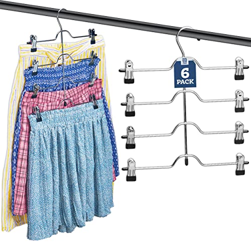Zober 4-Tier Skirt Hangers with Clips - Metal, Non-Slip Space Saving Pants Hangers W/Adjustable Clips & Swivel Hooks - Skirt Hangers for Women (6-Pack)