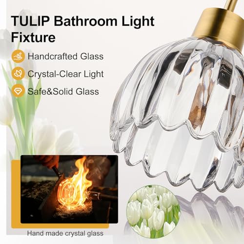 Image of 3-Light Bathroom Light Fixtures, 20 inch Brushed Gold Vanity Lights for Bathroom with Ribbed Clear Tulip Glass Shade, Vintage Wall Vanity Lighting Fixtures Over Mirror for Bathroom Living Room Hallway