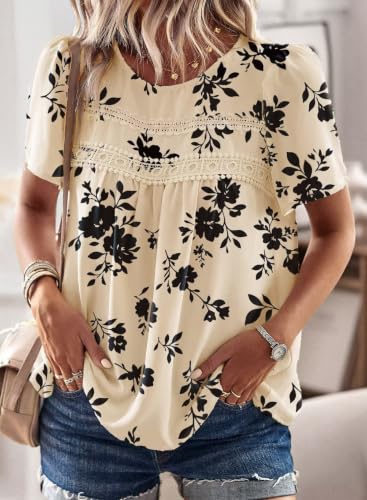 Image of Falechay Womens Summer Tops Flowy Boho Shirts Dressy Casual Short Sleeve | Crewneck Loose Fit Blouses, Hide Belly Fat, Lace Hem Ladies Tunic, Babydoll Crochet Clothes, Swiss Dot, Work, Vintage, XS-6XL