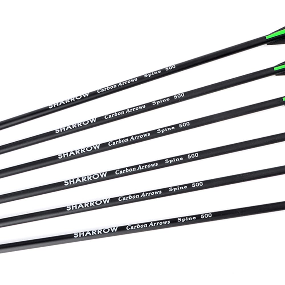 SHARROW 12pcs Freccia di Carbonio 30 pollici Spine 500 Tiro con l'arco in Carbonio Frecce per Arco Compound Ricurvo (Verde)
