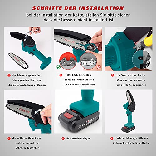 Awardroom 21V 4 Zoll Mini Kettensäge mit 2 Akku und Ladegerät, Einhand, mit Spritzschutz & Sicherheitssperre LED-Beleuchtung für Gartenscheren Astschere Holzschneiden, Batteriebetrieben – Bild 6