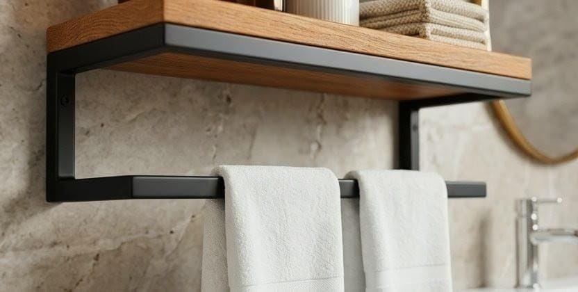 Image of Premium Wall-Mounted Floating Shelf with Integrated Towel Bar | Metal & Wood Bathroom Organizer | Multi-Purpose Storage Rack for Kitchen & Entryway | Matte Black & Natural 0ak Finish