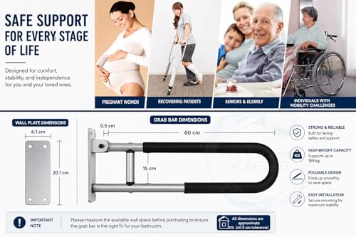 Image of BATH GURU Foldable Aluminium Toilet Grab Bar for Elderly & Disabled, Wall Mounted Bathroom Safety Rail with Soft Nylon Anti-Slip Grip, Heavy Duty Handicap Support Handle for Senior Citizens Pack of 2
