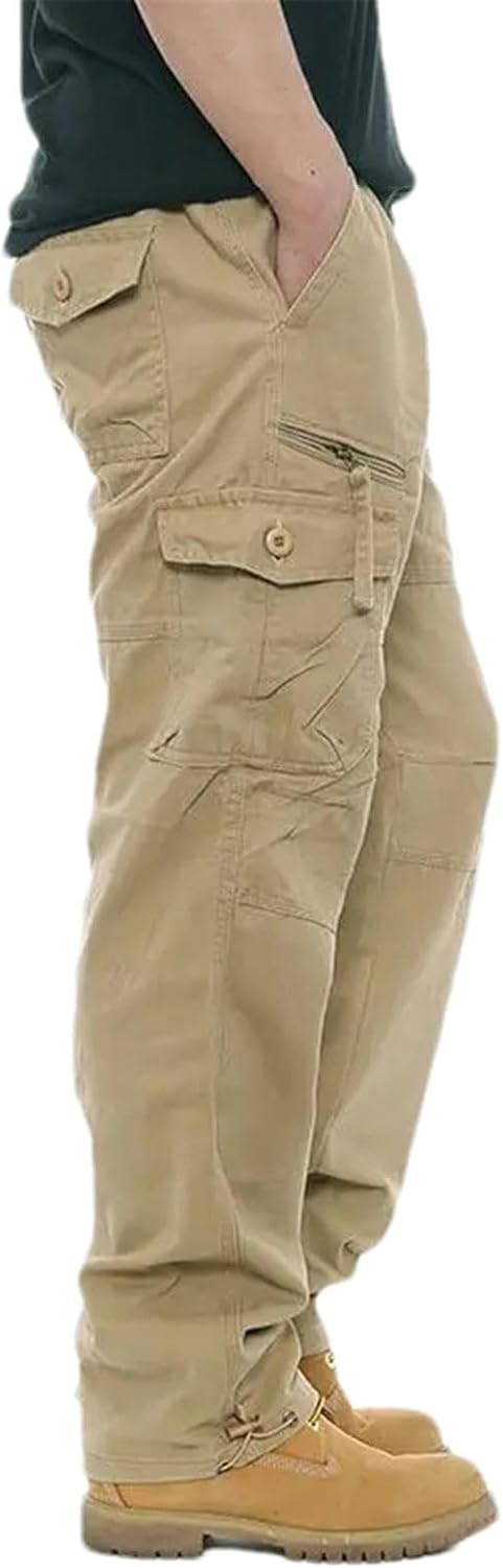 Men's Casual Cargo Pants Zipper Multi Pocket Tactical Army Straight Loose Trousers Male Overalls Elastic Waist Pants