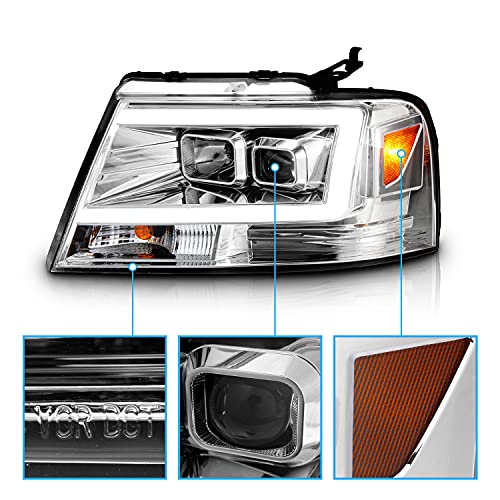 Image of AmeriLite for 2004-2008 Ford F150 C-Type LED Tube Square Projector Clear Chrome Headlights Assembly Pair - Driver and Passenger Side