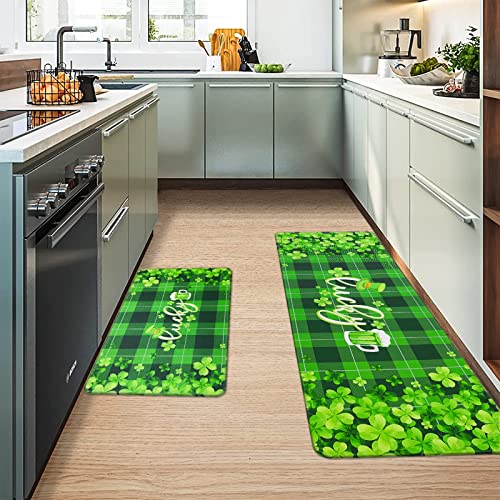 St. Patrick's Day Küchenteppiche, 2er-Set, Büffelkariert, grüne Blätter, Bauernhaus, Anti-Müdigkeit, Küchenmatte, PVC-Leder, wasserdicht und rutschfest, bequeme Standmatten für Küche, Büro, Wäsche Cover