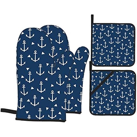 Nautical Anchors Oven Mitts and 2 Pot Holders Set, Soft Cotton Lining with Non-Slip Surface, Kitchen Microwave Gloves for Baking Cooking Grilling BBQ Cover