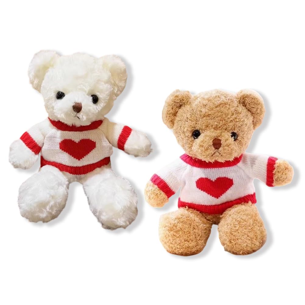 OPVXZAD Heart Bear Plush Set, 30cm White & Brown Twin Stuffed Doll Bears with Embroidered Hearts, 2-Pack Super Soft Cuddly Animals, Valentine's Day Birthday Gift for Girlfriend, Boyfriend (A1)