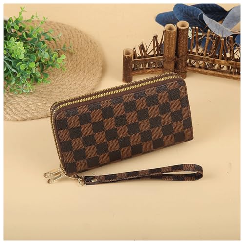 Brown and Khaki Checkerboard Clutch Wallet with Zip, Hand Strap, Large Capacity Men's and women's zippered pocket wallets(Double zipper 12)2