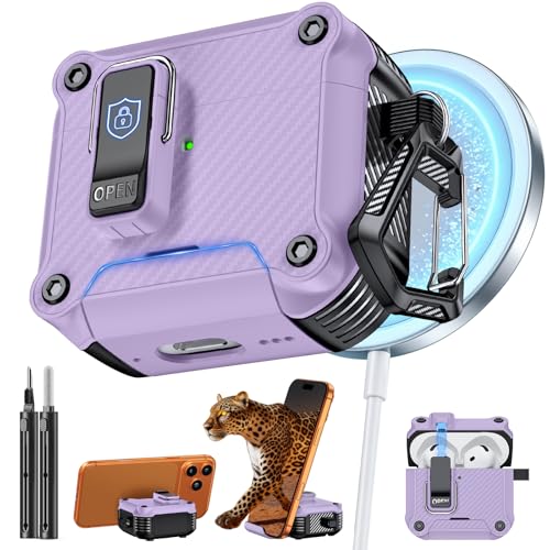 Image of Inesore for AirPods 4 Case with Secure Lock (Purple) | Phone Stand Design,Compatible with MagSafe,Automatic Snap Switch Secure Cover Carbon Fiber Texture with Cleaner Kit