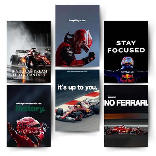 Image of Posters Inc Sports F1 Cars Motivational Posters for Wall A4 Size Aesthetic Setup 300 GSM Matte Paper Pack of 6 Automotive Motorsport Decor for Boys Gaming Room, Bedroom, Home & Office with Adhesive