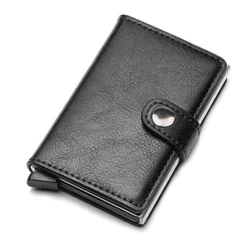 Pawaca Porte-Cartes de crédit, RFID Blocage Portefeuille Minimaliste en Cuir PU Vintage Aluminium Carte de Visite Pop-up Automatique pour Homme/Femme, Noir, 10 x 6.5 cm