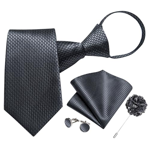Image of DiBanGu Mens Zipper Tie Silk Pre-Tied Necktie with Gift Box | Jacquard Woven,Paisley Solid Plaid Pattern,6PCS with Pocket Square,Cufflinks and Lapel Pin,for Wedding Party Formal Business