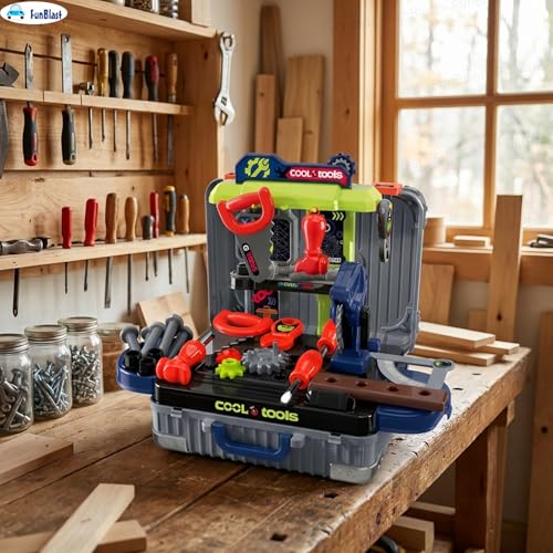 Image of FunBlast Kids 3 in 1 Tool Kit Suitcase with Workbench - Pretend Play Tool Set for Boys, Portable Engineer Toy with Tools, DIY Construction Playset Gift for Kids 3-8 Years (Small-30 Pcs)