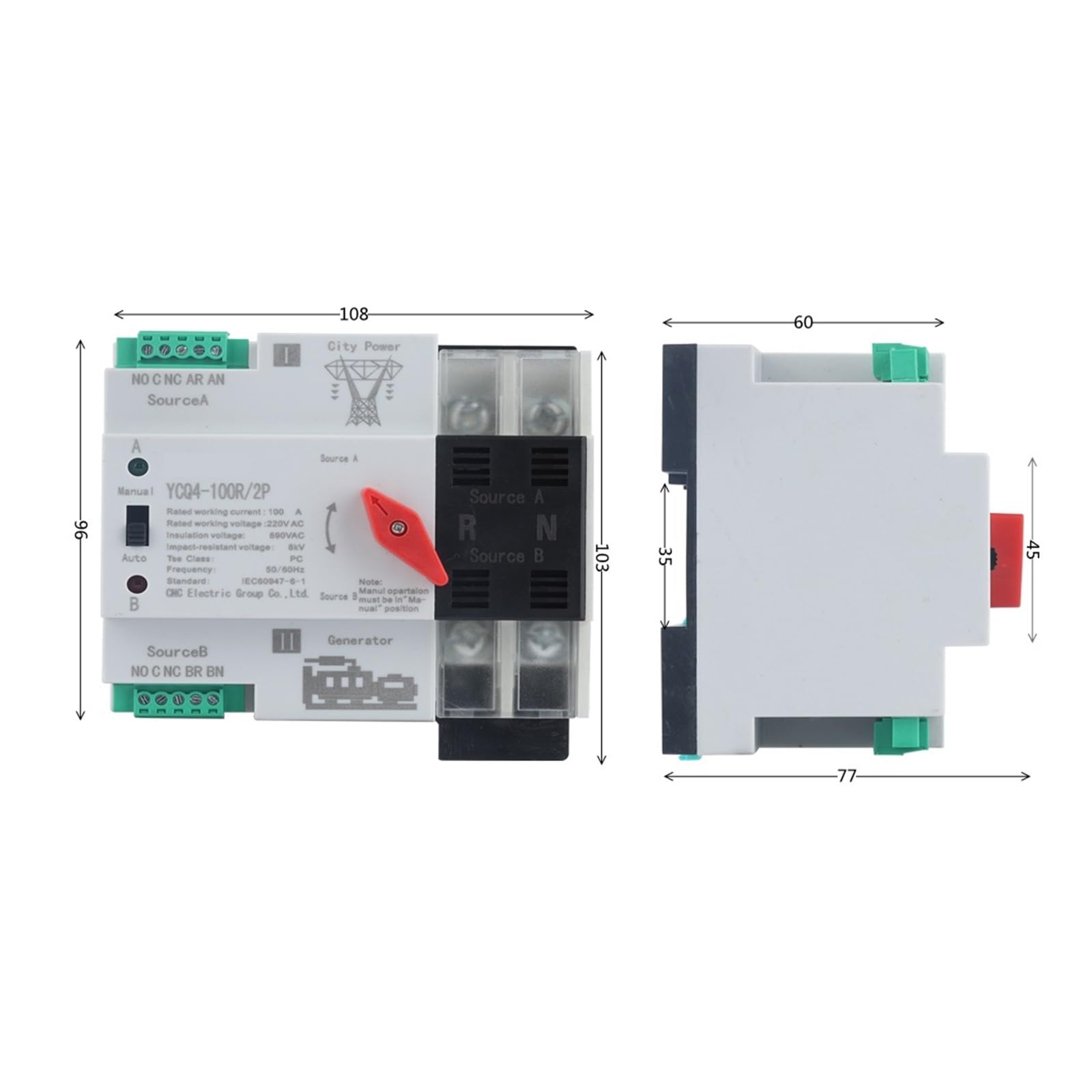 Commutateur de transfert automatique à double puis Din Rail ATS YCQ4-100R/2P double puissance commutateur de transfert automatique commutateurs électriques alimentation ininterrompue 63A/100A ( Size :